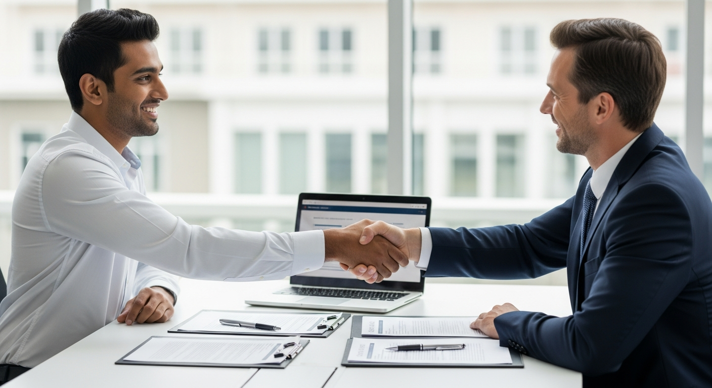 "A small business owner and an insurance advisor shaking hands, symbolizing trust and collaboration in tailoring comprehensive business insurance coverage."