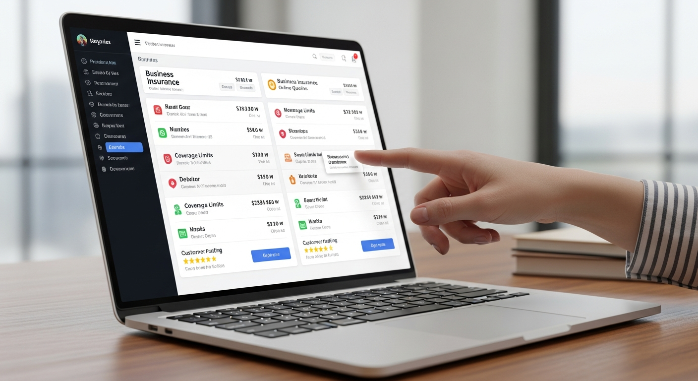 "A comparison screen on a laptop showing various business insurance online quotes and features from different providers."