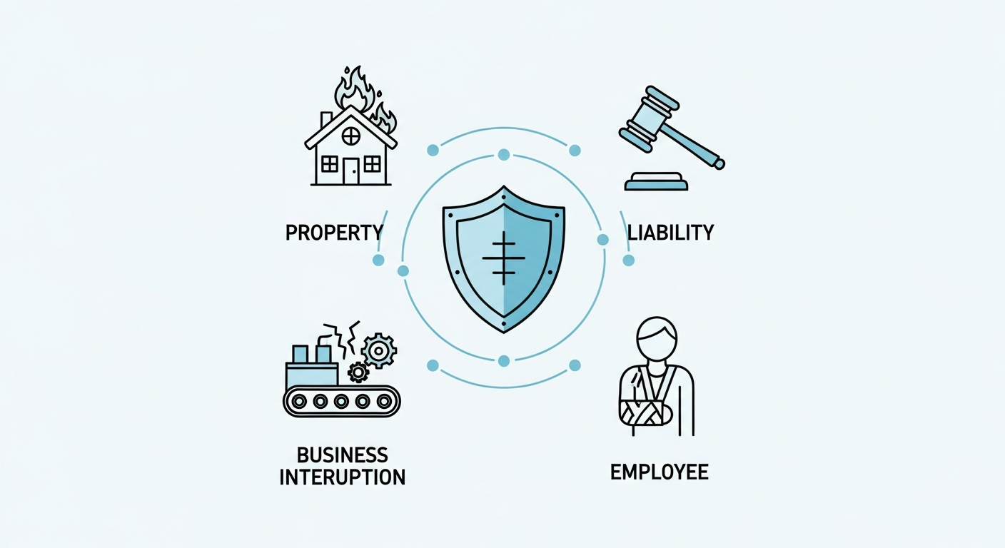 "Infographic depicting various essential types of commercial insurance: property, liability, business interruption, and employee, highlighting their protective roles."